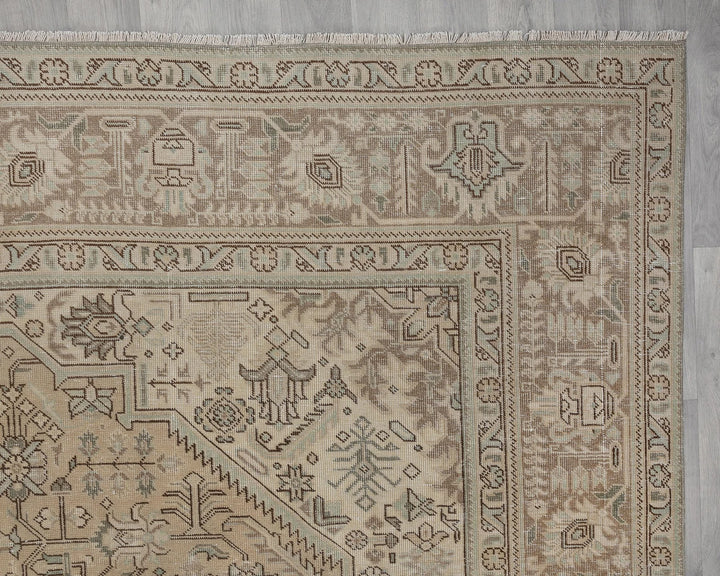 Beige Turkish Oushak Rug 9' 3" x 12' 8" Hand-Knotted pattern