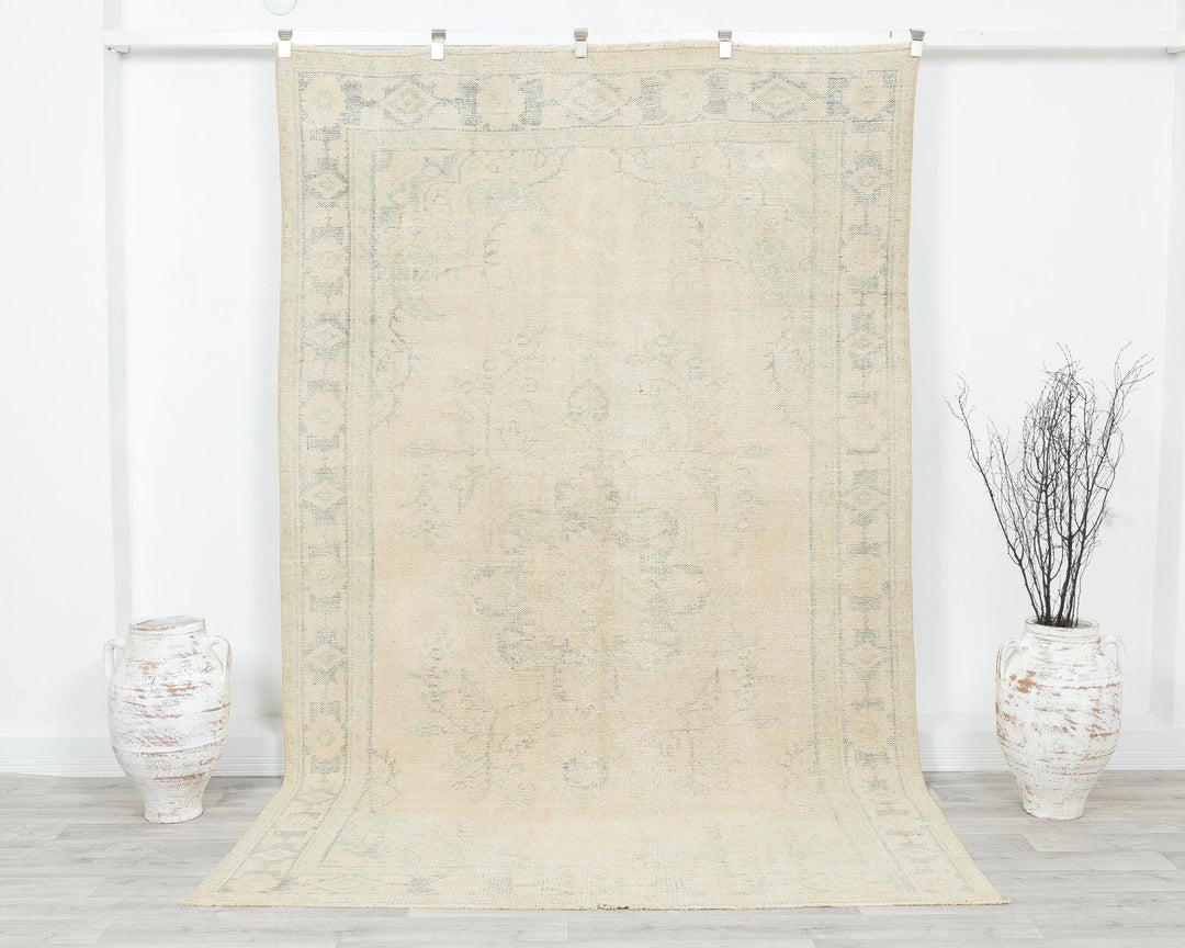 Beige Turkish Oushak Rug 5' 11" x 9' 4" Hand-Knotted | No. VR18386