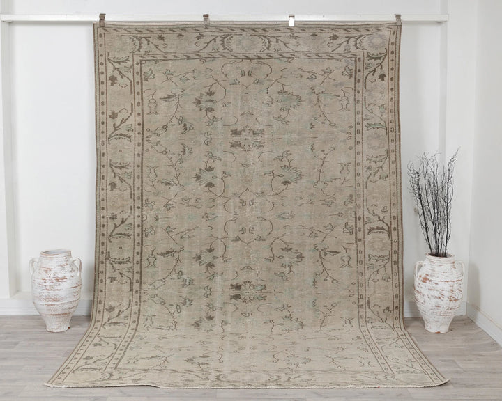 Beige Turkish Oushak Rug 7' 1" x 9' 7" Hand-Knotted | No. VR18695