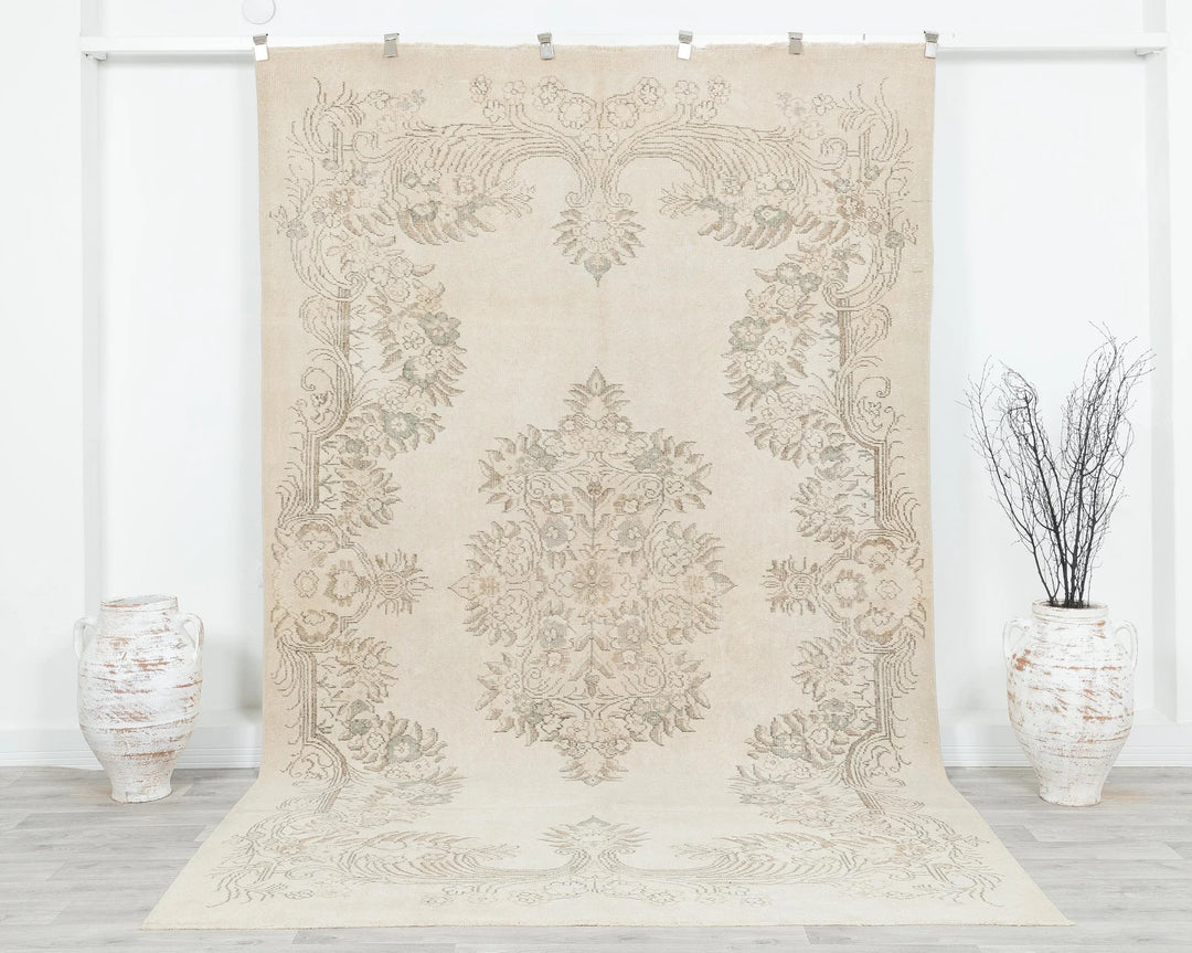 Ivory Turkish Oushak Rug 6' 2" x 10' 4" Hand-Knotted | No. VR20204