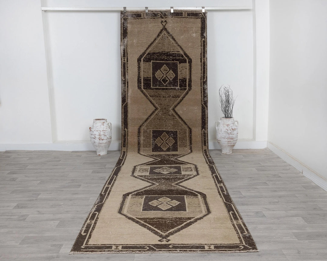 Beige Turkish Tribal Rug 4' 2" x 15' 5" Hand-Knotted