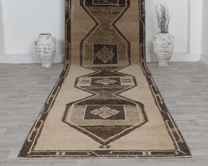 Beige Turkish Tribal Rug 4' 2" x 15' 5" Hand-Knotted detail