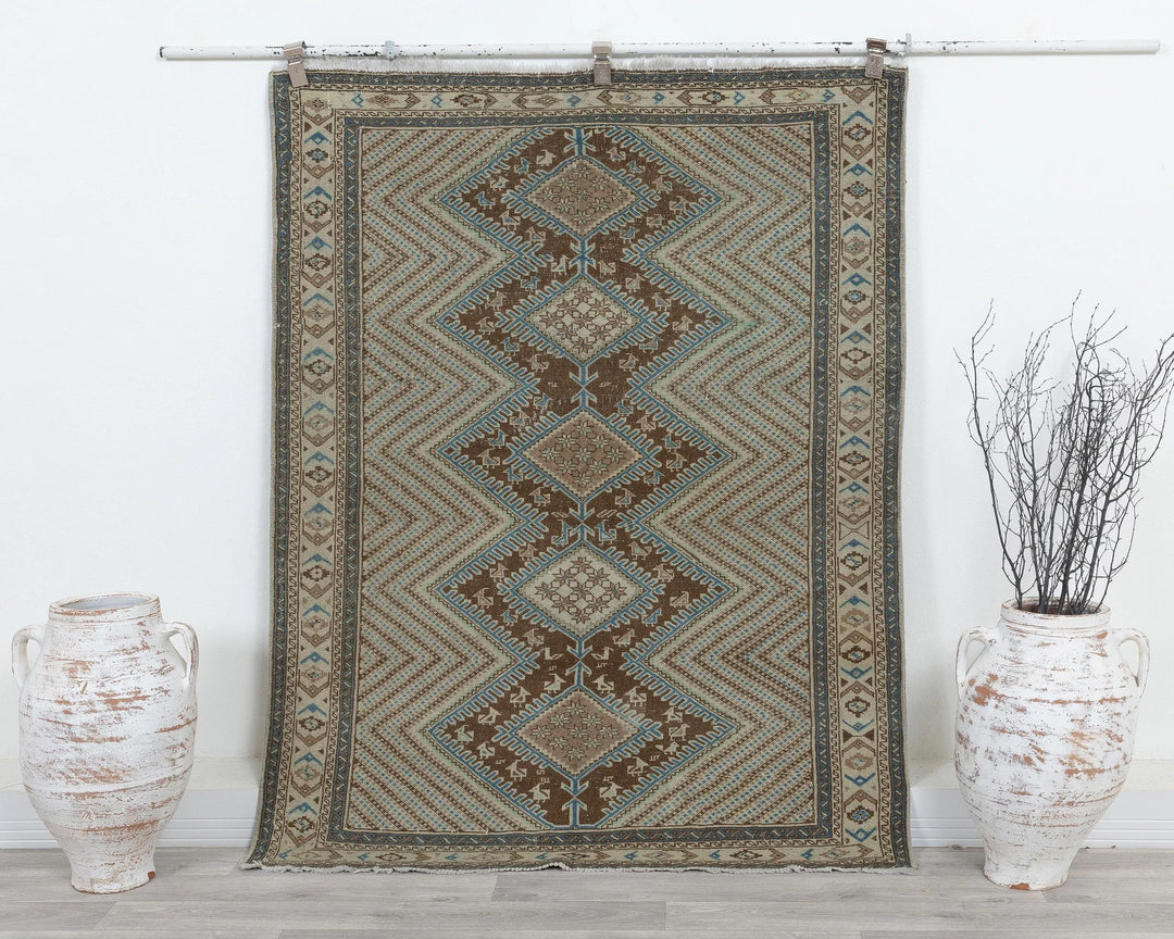 Beige Turkish Oushak Rug 4' 1" x 5' 3" Hand-Knotted