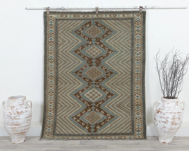 Beige Turkish Oushak Rug 4' 1" x 5' 3" Hand-Knotted