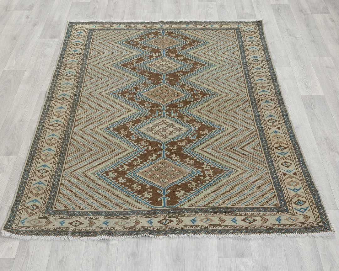 Beige Turkish Oushak Rug 4' 1" x 5' 3" Hand-Knotted reverse
