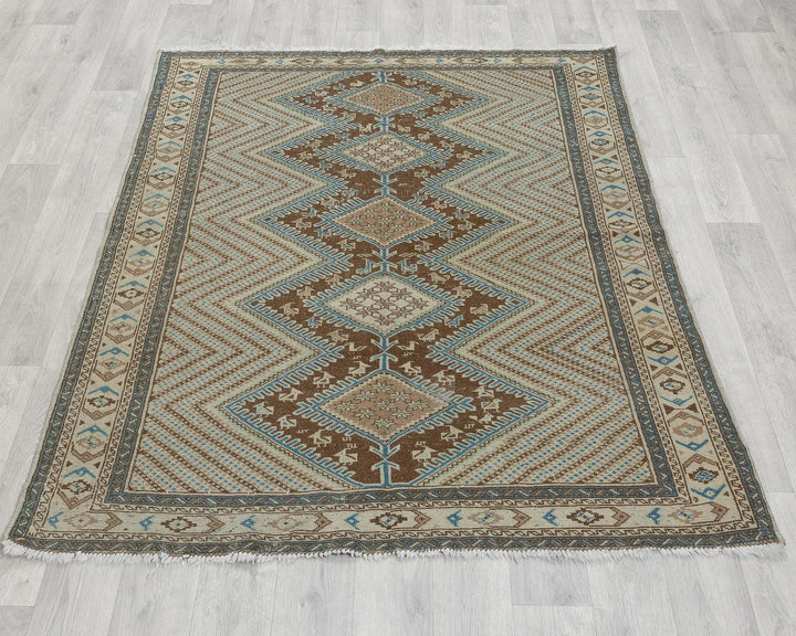 Beige Turkish Oushak Rug 4' 1" x 5' 3" Hand-Knotted reverse