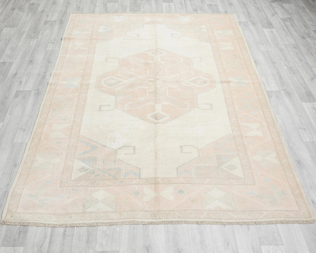 Beige Turkish Oushak Rug 7' 1" x 5' 10" Hand-Knotted | No. VR22774