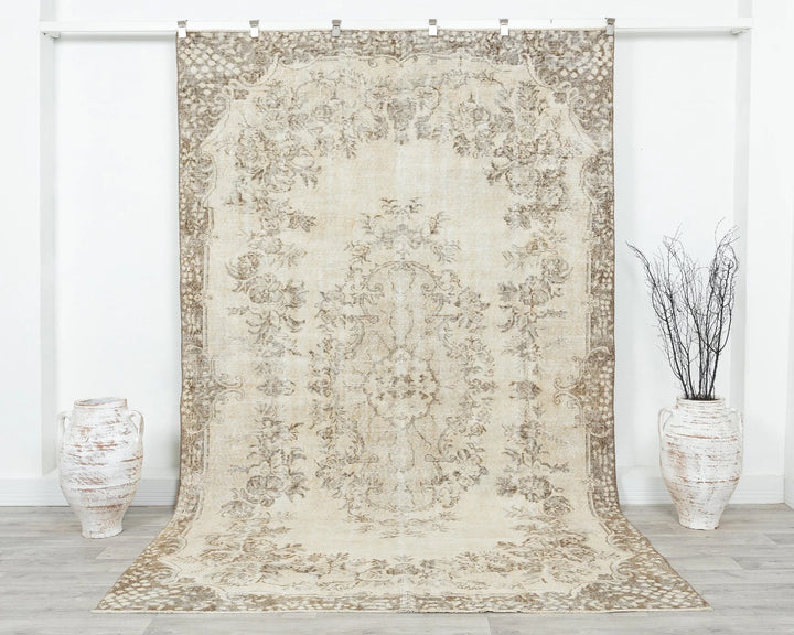 Beige Turkish Oushak Rug 6'1" x 9'11" Hand-Knotted