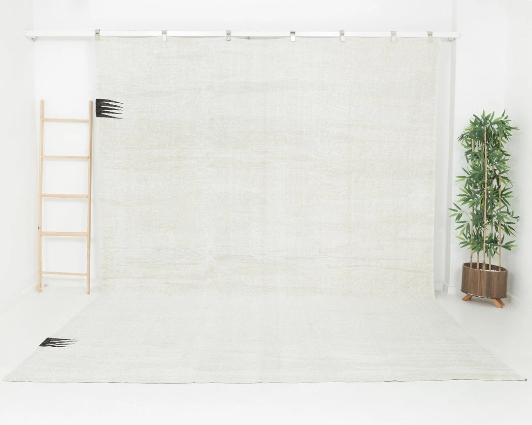 White Turkish Kilim Rug 11' 8" x 9' 1" Flat-Weave | No. VR25361