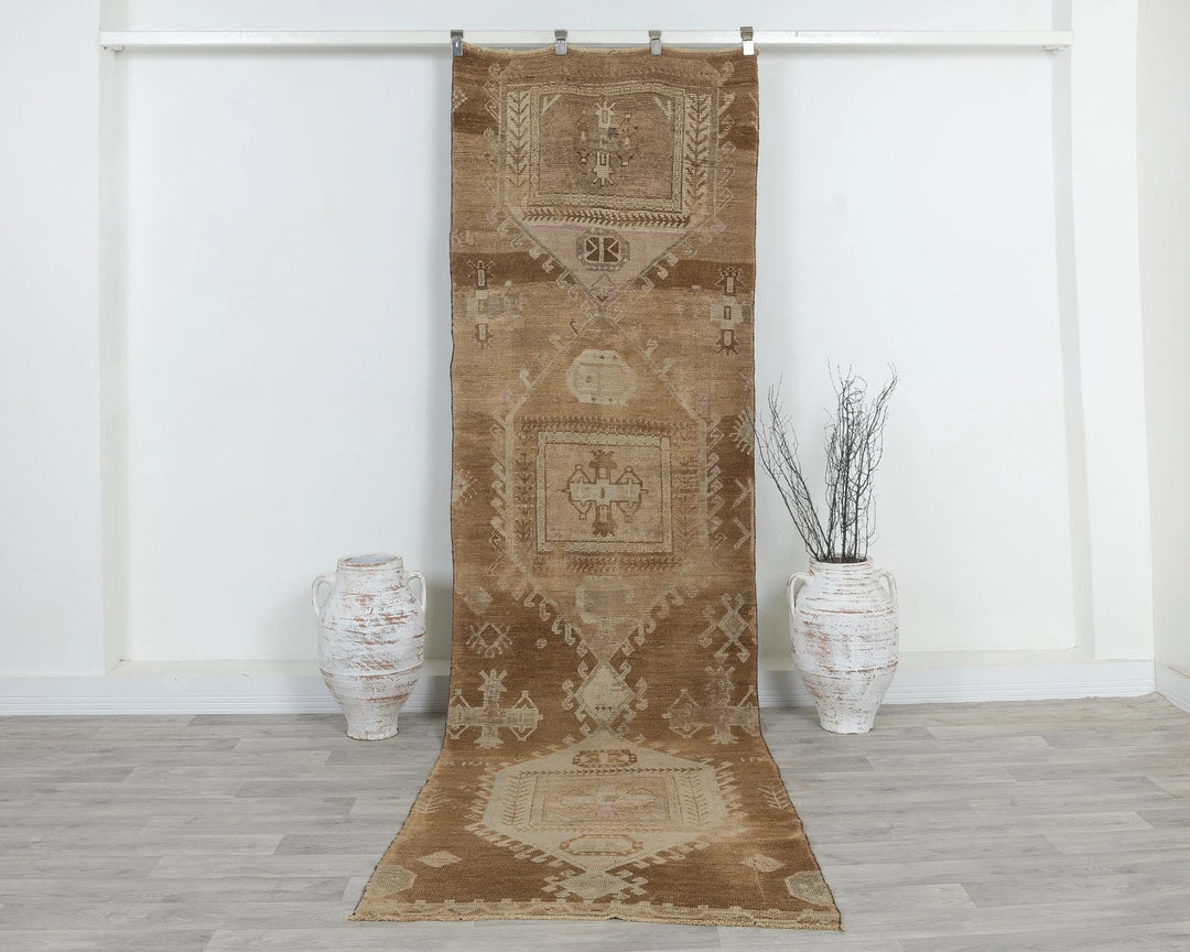 Beige Turkish Oushak Rug 3' 1" x 10' 7" Hand-Knotted