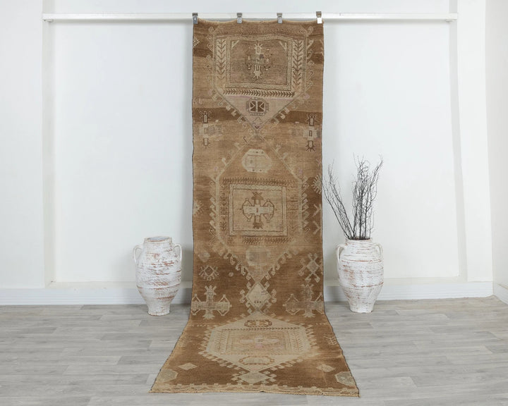 Beige Turkish Oushak Rug 3' 1" x 10' 7" Hand-Knotted