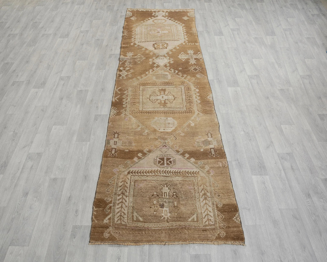 Beige Turkish Oushak Rug 3' 1" x 10' 7" Hand-Knotted reverse