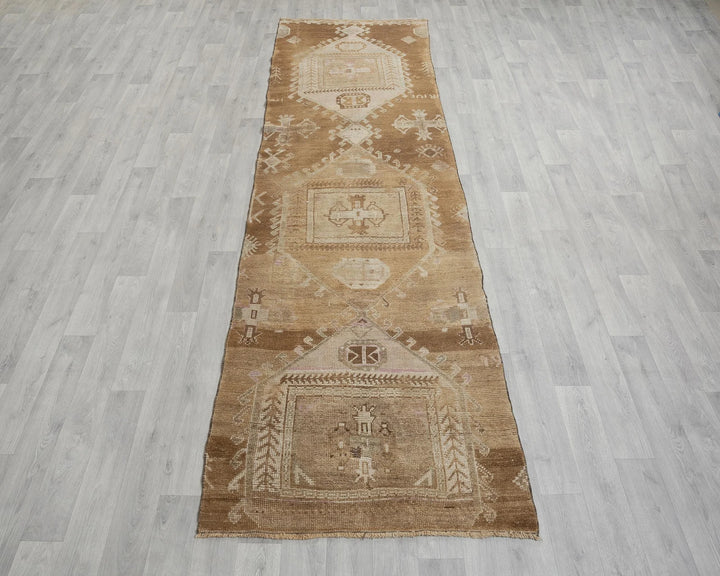 Beige Turkish Oushak Rug 3' 1" x 10' 7" Hand-Knotted reverse