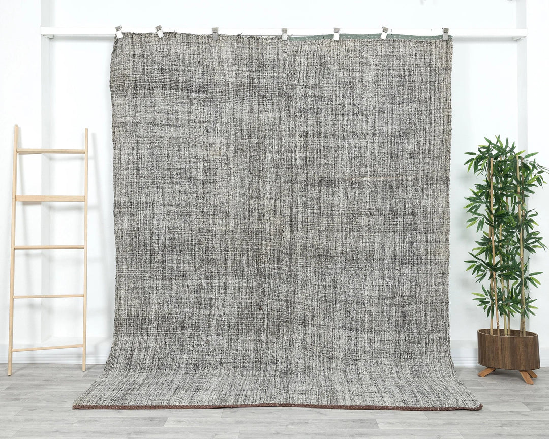 Black Turkish Kilim Rug 6'8" x 8'8" Flat-Weave