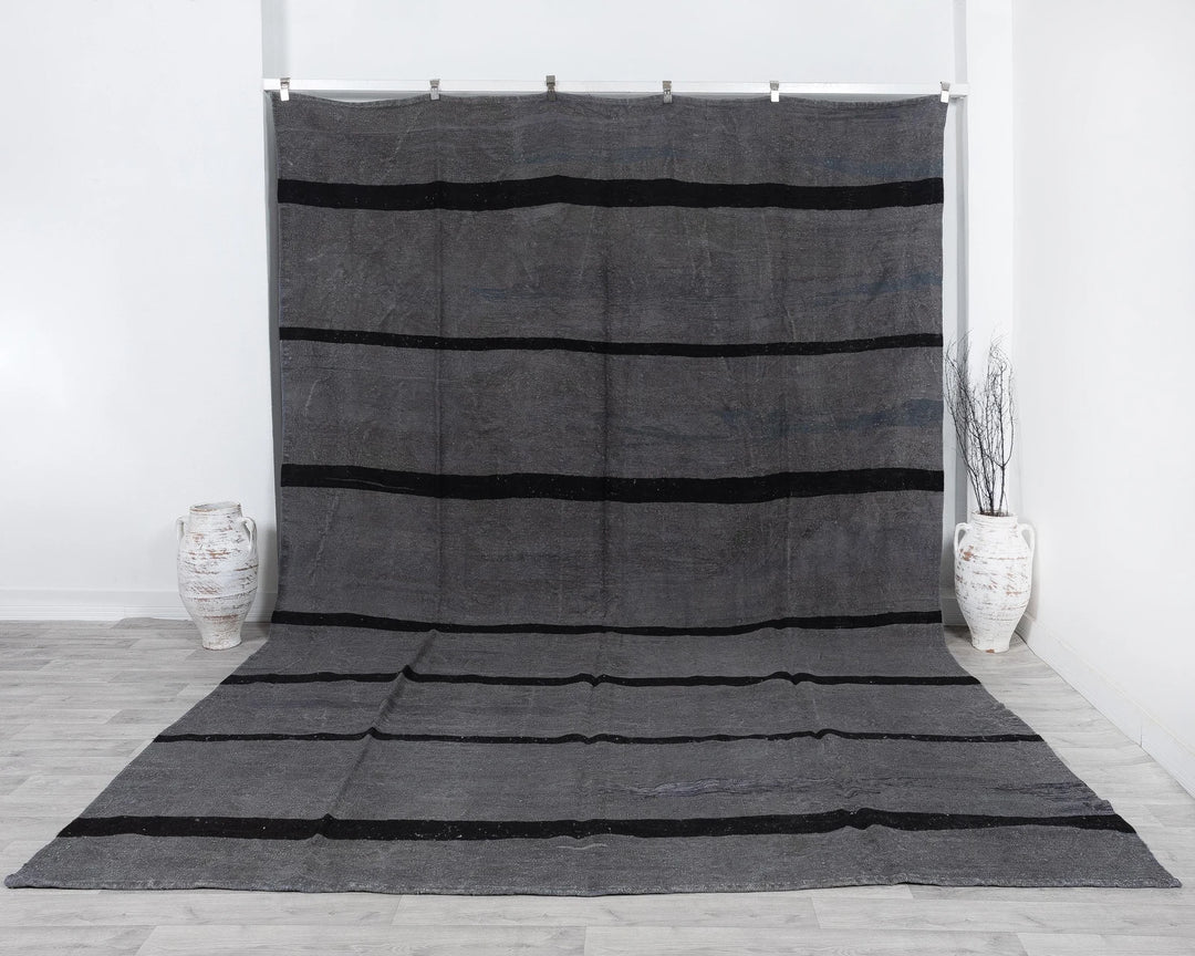 Gray Turkish Kilim Rug 9' 6" x 13' 1" Flat-Weave