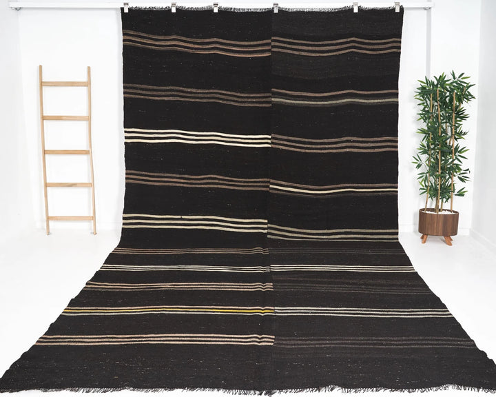 Brown Turkish Kilim Rug 7' 5" x 13' 3" Flat-Weave | No. VR26686