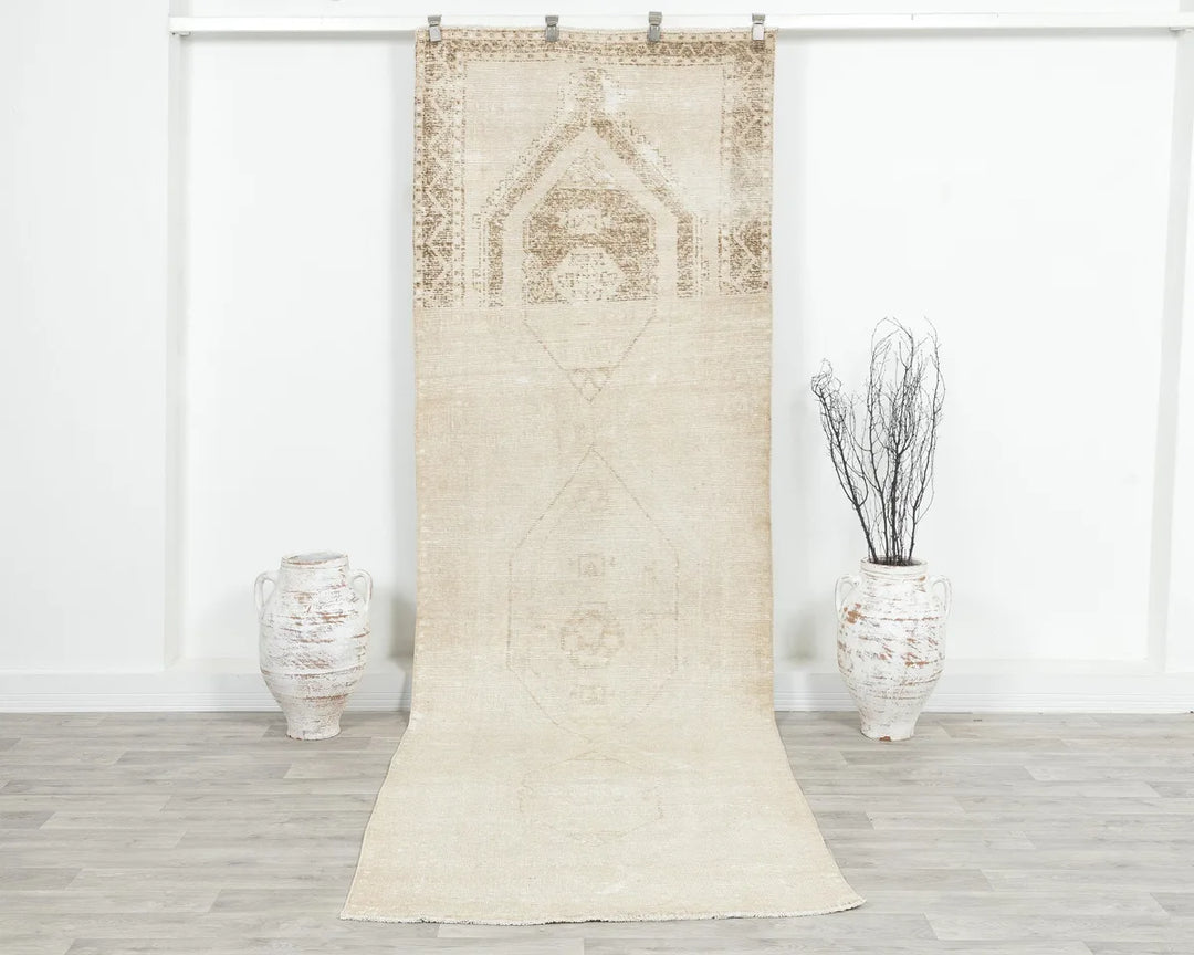Beige Turkish Oushak Rug 3' 7" x 11' 6" Hand-Knotted | No. VR28086