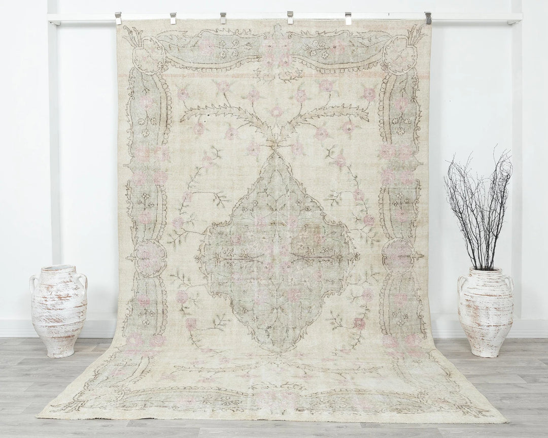 Beige Turkish Oushak Rug 6'7" x 10'1" Hand-Knotted | No. VR28674