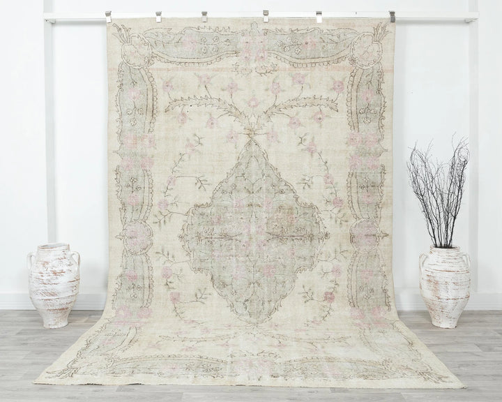 Beige Turkish Oushak Rug 6'7" x 10'1" Hand-Knotted | No. VR28674