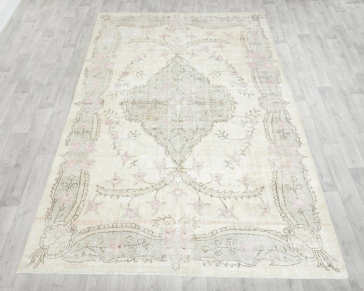 Beige Turkish Oushak Rug 6'7" x 10'1" Hand-Knotted | No. VR28674