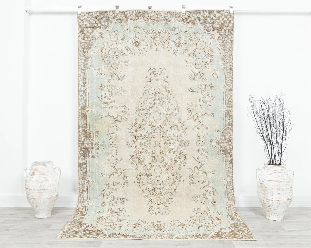 Beige Turkish Oushak Rug 5' 2" x 9' 2" Hand-Knotted | No. VR32459
