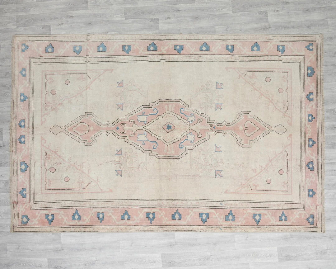 Beige Turkish Oushak Rug 6'3" x 9'2" Hand-Knotted | No. VR32890
