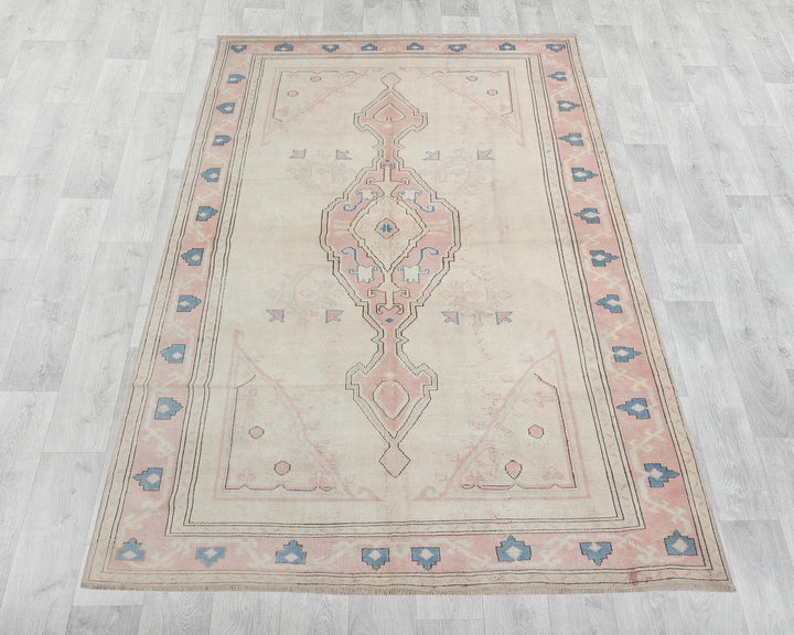 Beige Turkish Oushak Rug 6'3" x 9'2" Hand-Knotted | No. VR32890