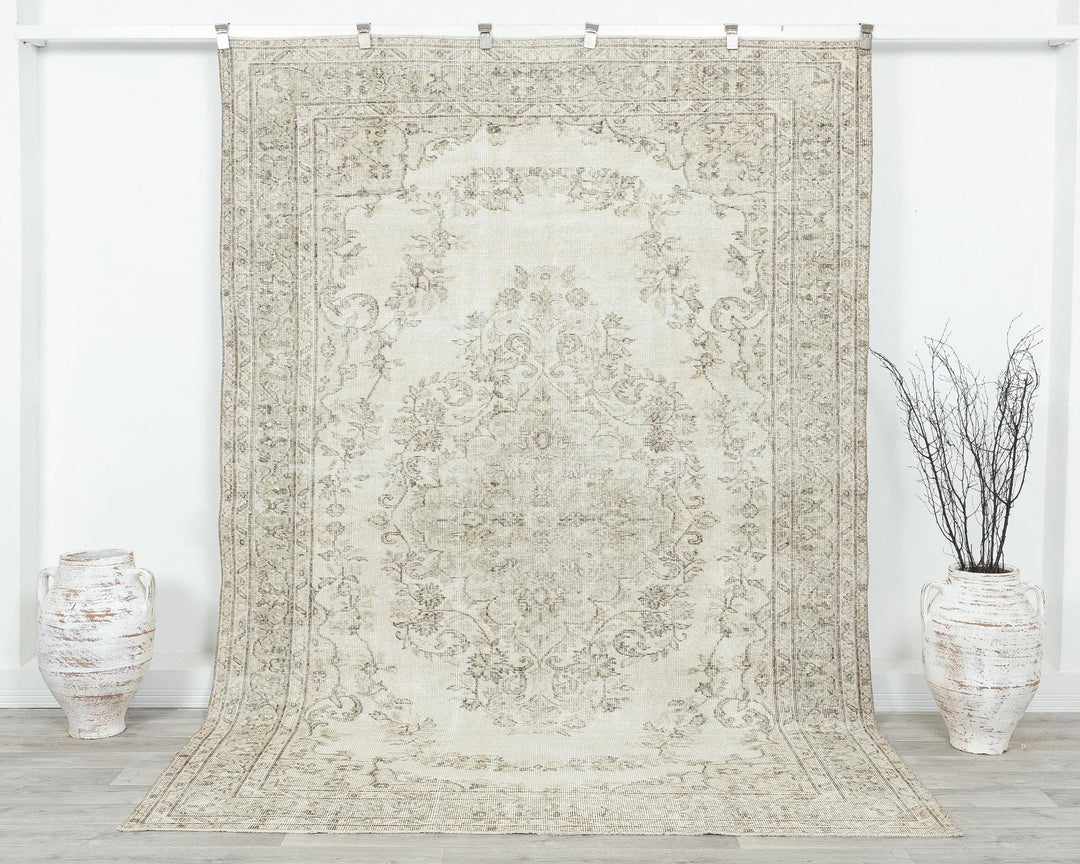 Beige Turkish Oushak Rug 6'1" x 9'5" Hand-Knotted