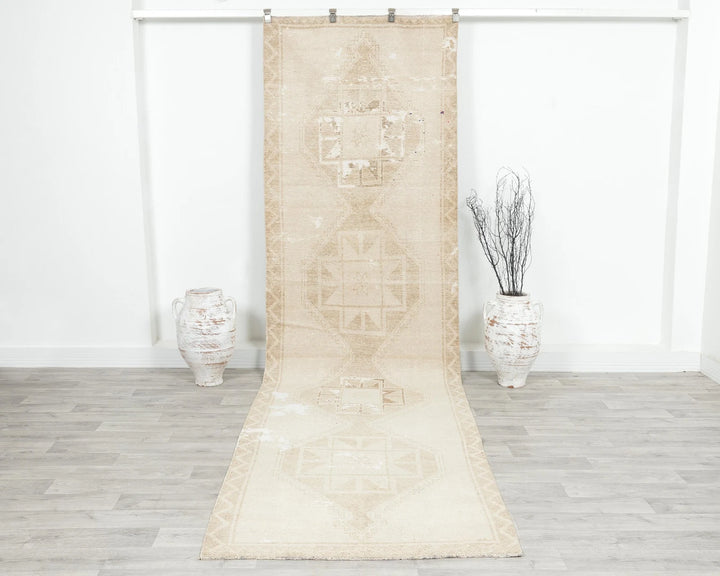 Beige Turkish Oushak Rug 3'7" x 12'1" Hand-Knotted | No. VR35358