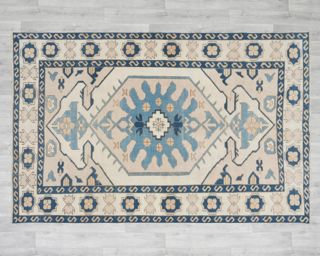Beige Turkish Oushak Rug 5' 2" x 7' 8" Hand-Knotted | No. VR35676