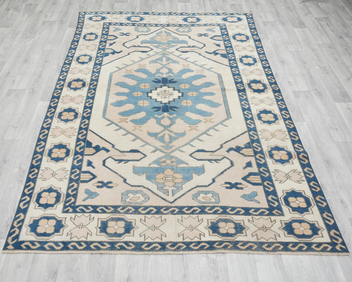 Beige Turkish Oushak Rug 5' 2" x 7' 8" Hand-Knotted | No. VR35676