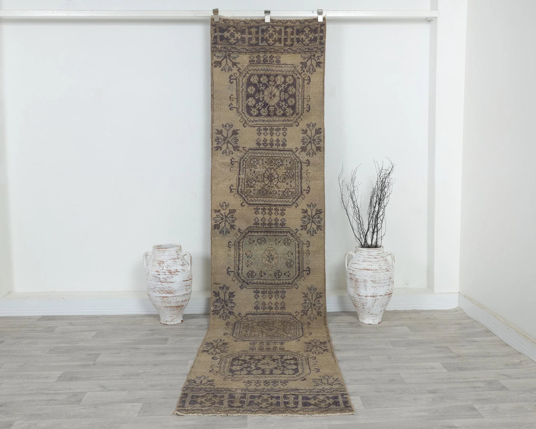 Beige Turkish Oushak Rug 2'6" x 10'10" Hand-Knotted