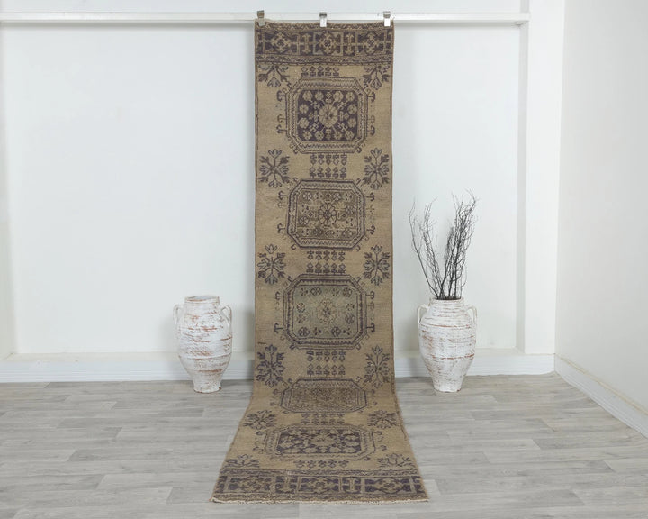 Beige Turkish Oushak Rug 2'6" x 10'10" Hand-Knotted