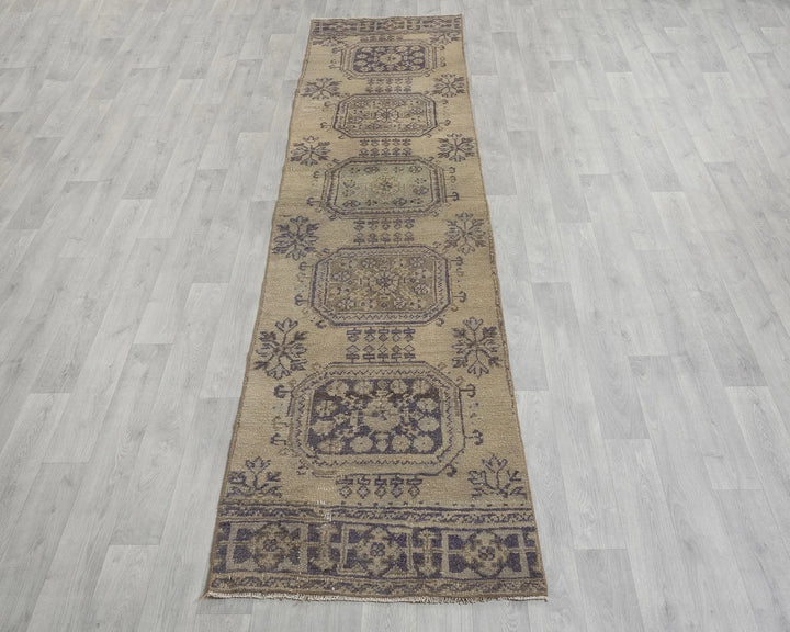 Beige Turkish Oushak Rug 2'6" x 10'10" Hand-Knotted reverse
