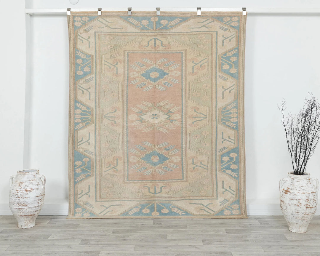 Multicolor Turkish Oushak Rug 6'11" x 5'11" Hand-Knotted | No. VR36354
