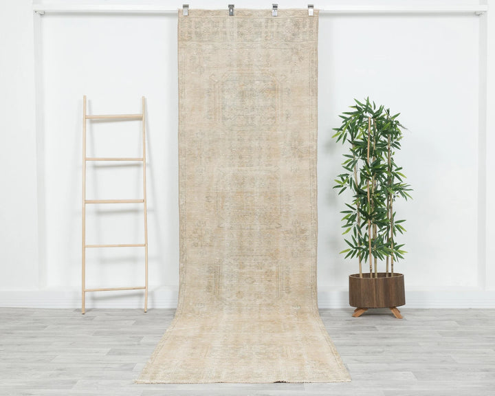 Beige Turkish Oushak Rug 3' 1" x 11' 2" Hand-Knotted | No. VR36641