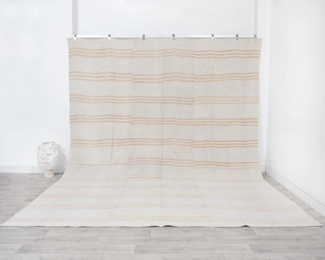 White Turkish Kilim Rug 10' 5" x 11' 4" Flat-Weave | No. VR38319