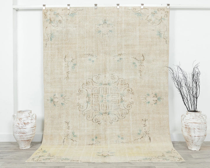 Beige Turkish Oushak Rug 6'1" x 8'10" Hand-Knotted | No. VR39235