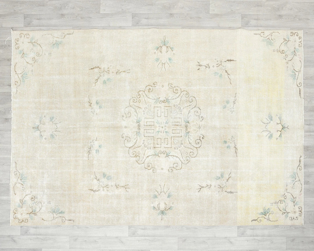 Beige Turkish Oushak Rug 6'1" x 8'10" Hand-Knotted | No. VR39235