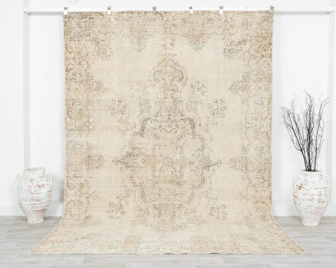 Beige Turkish Oushak Rug 6'9" x 9'10" Hand-Knotted