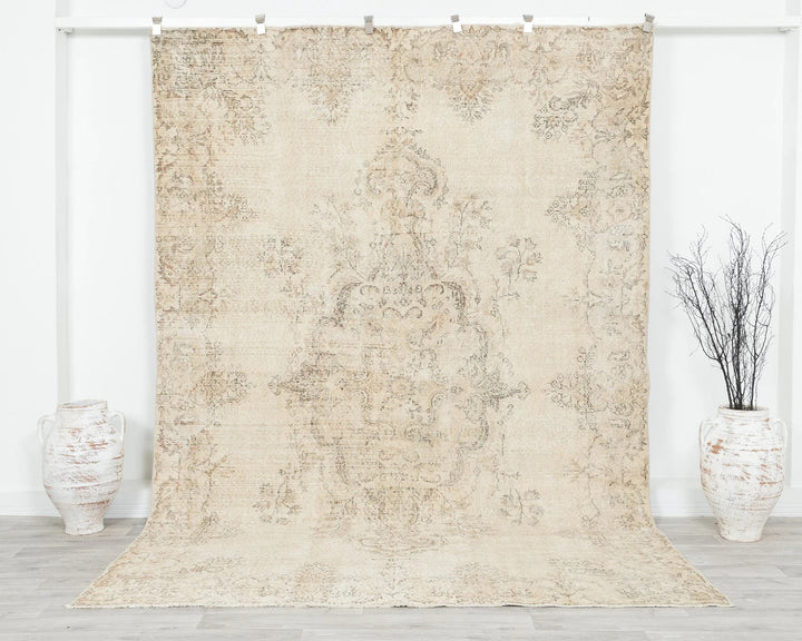 Beige Turkish Oushak Rug 6'9" x 9'10" Hand-Knotted