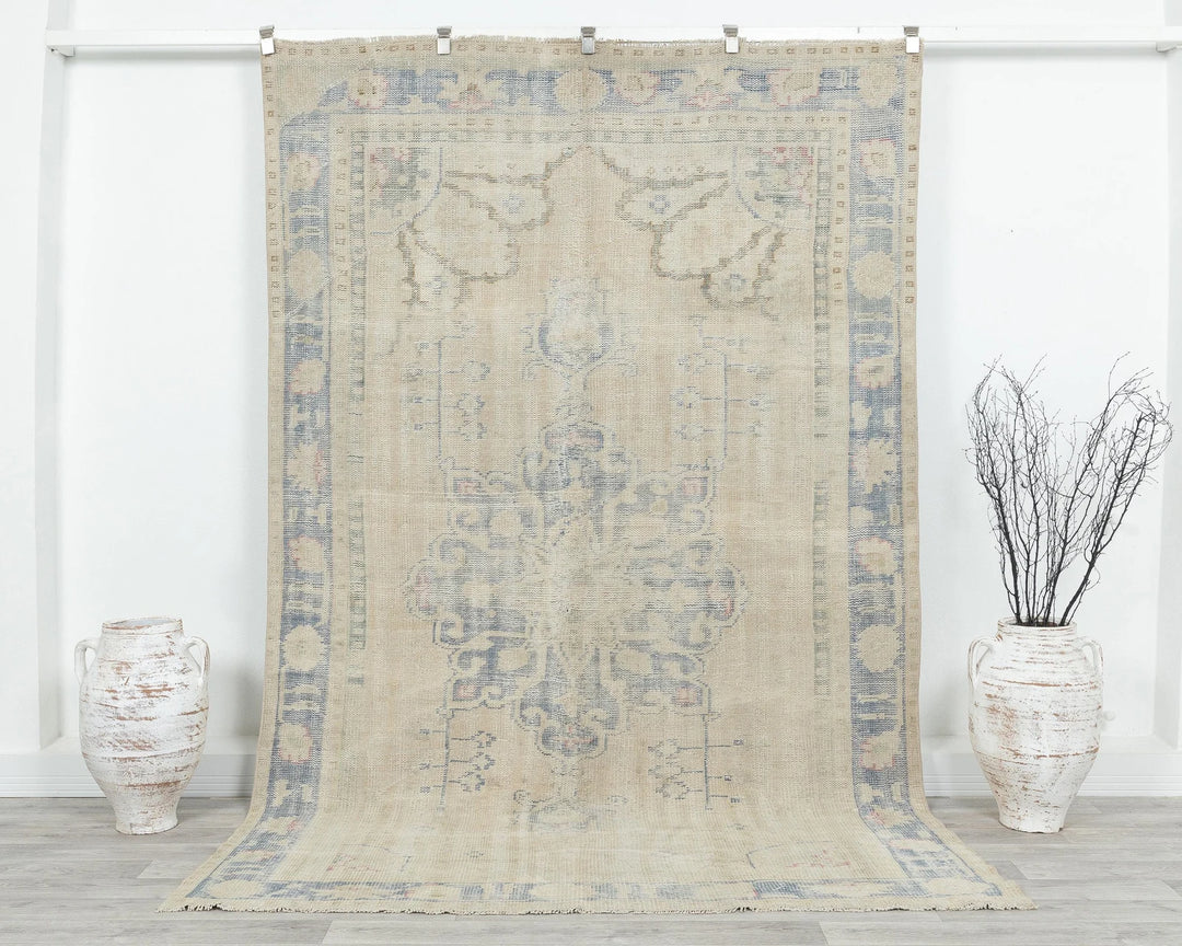 Beige Turkish Oushak Rug 5' 7" x 8' 11" Hand-Knotted | No. VR40172