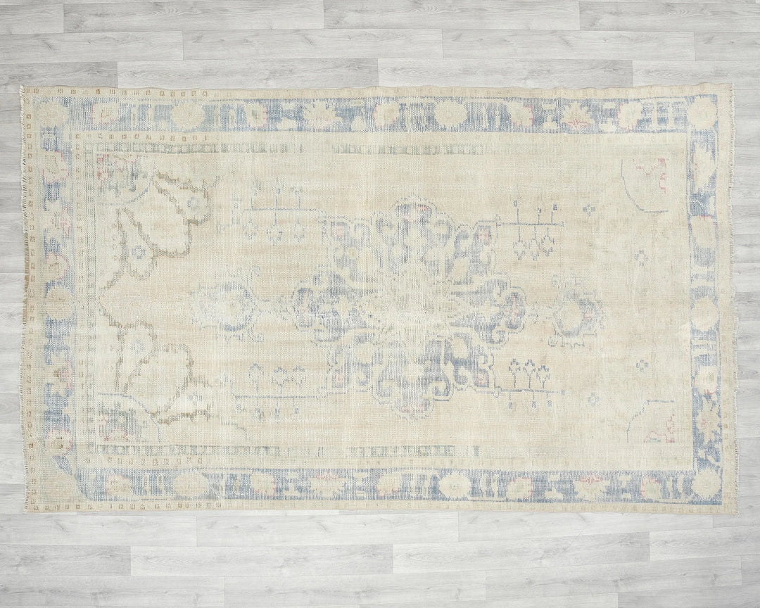 Beige Turkish Oushak Rug 5' 7" x 8' 11" Hand-Knotted | No. VR40172
