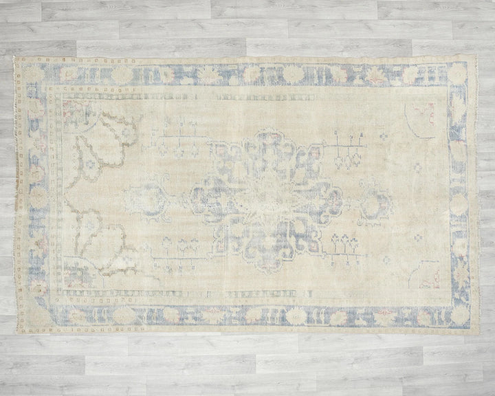 Beige Turkish Oushak Rug 5' 7" x 8' 11" Hand-Knotted | No. VR40172