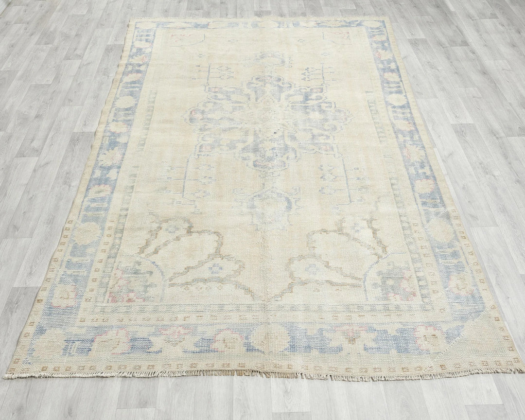 Beige Turkish Oushak Rug 5' 7" x 8' 11" Hand-Knotted | No. VR40172