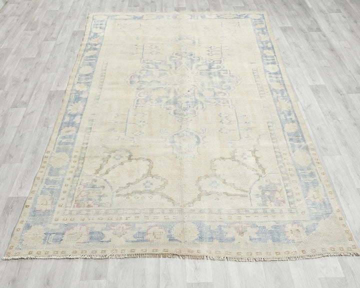 Beige Turkish Oushak Rug 5' 7" x 8' 11" Hand-Knotted | No. VR40172