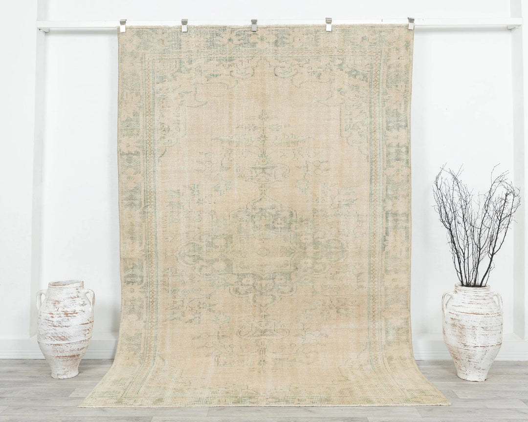 Beige Turkish Oushak Rug 5' 11" x 8' 10" Hand-Knotted | No. VR40196