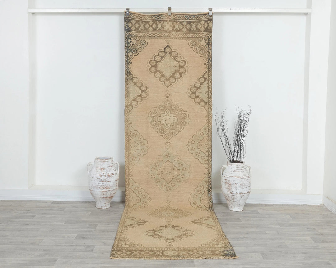 Beige Turkish Oushak Rug 3' 1" x 10' 10" Hand-Knotted