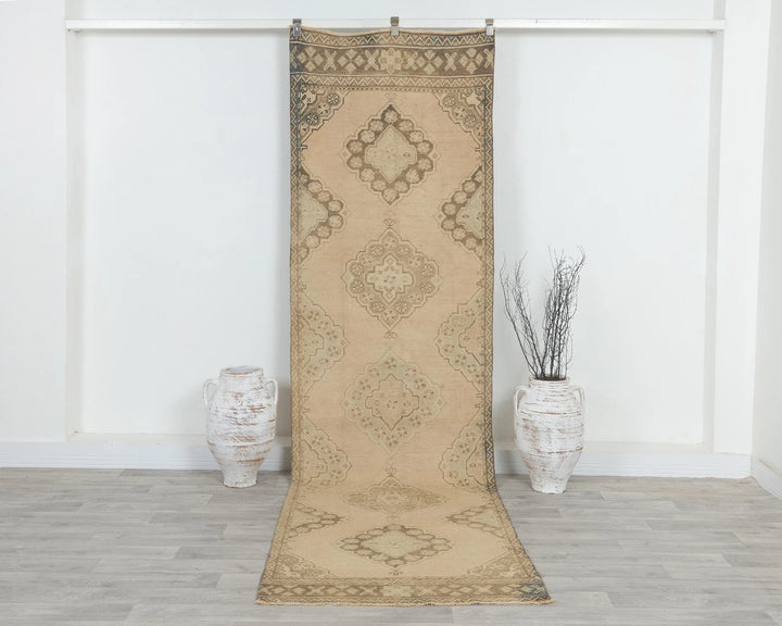 Beige Turkish Oushak Rug 3' 1" x 10' 10" Hand-Knotted