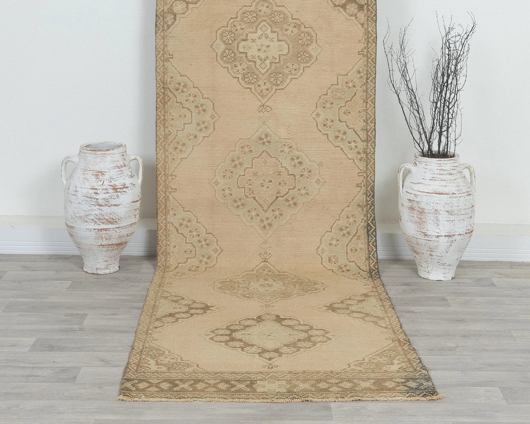 Beige Turkish Oushak Rug 3' 1" x 10' 10" Hand-Knotted detail